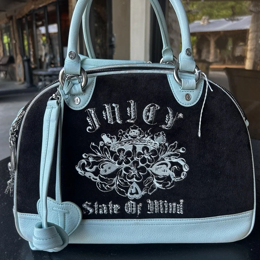 Rare Vintage Y2K Juicy Couture Dog Carrier Ice Blue Velour Blingy Bowling Bag Sm